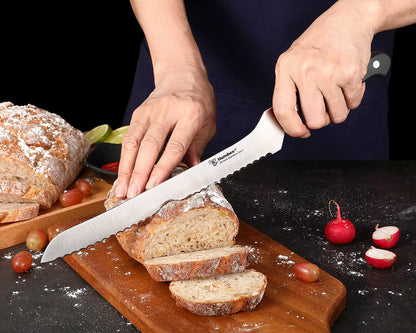 10 Inch Serrated Offset Bread Knife, Premium Stainless Steel Blade with Wave Edge, Full Tang Handle, Razor Sharp for Bread, Durable Professional Kitchen Knife, Black