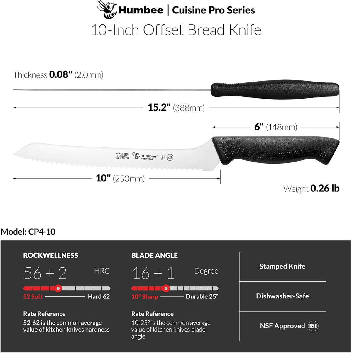 10 Inch Serrated Offset Bread Knife, Premium Stainless Steel Blade with Wave Edge, Full Tang Handle, Razor Sharp for Bread, Durable Professional Kitchen Knife, Black