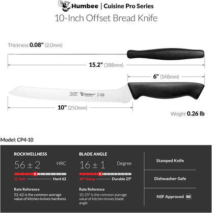 10 Inch Serrated Offset Bread Knife, Premium Stainless Steel Blade with Wave Edge, Full Tang Handle, Razor Sharp for Bread, Durable Professional Kitchen Knife, Black