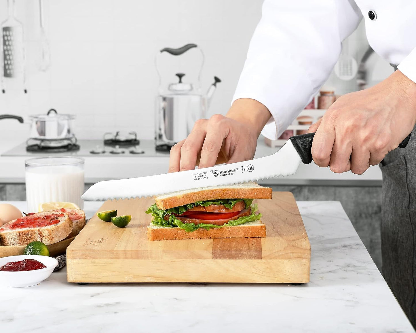 10 Inch Serrated Offset Bread Knife, Premium Stainless Steel Blade with Wave Edge, Full Tang Handle, Razor Sharp for Bread, Durable Professional Kitchen Knife, Black