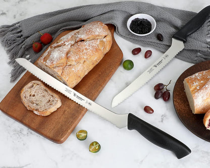 10 Inch Serrated Offset Bread Knife, Premium Stainless Steel Blade with Wave Edge, Full Tang Handle, Razor Sharp for Bread, Durable Professional Kitchen Knife, Black