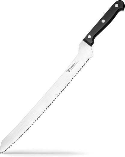 10 Inch Serrated Offset Bread Knife, Premium Stainless Steel Blade with Wave Edge, Full Tang Handle, Razor Sharp for Bread, Durable Professional Kitchen Knife, Black