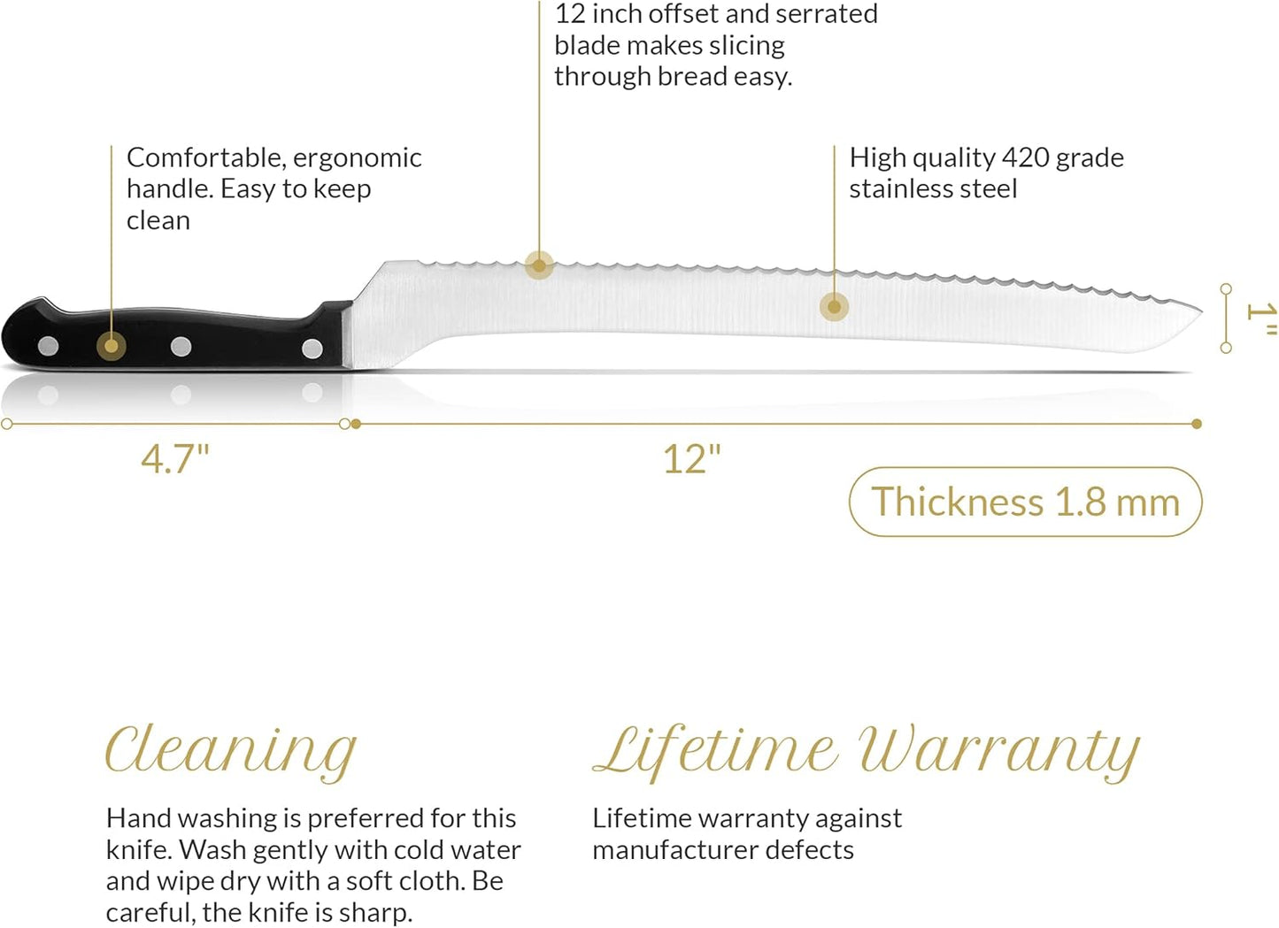 10 Inch Serrated Offset Bread Knife, Premium Stainless Steel Blade with Wave Edge, Full Tang Handle, Razor Sharp for Bread, Durable Professional Kitchen Knife, Black