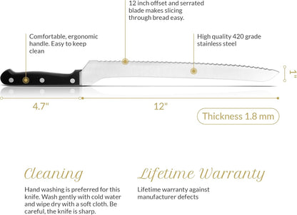 10 Inch Serrated Offset Bread Knife, Premium Stainless Steel Blade with Wave Edge, Full Tang Handle, Razor Sharp for Bread, Durable Professional Kitchen Knife, Black