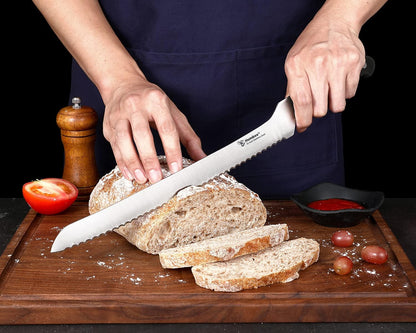 10 Inch Serrated Offset Bread Knife, Premium Stainless Steel Blade with Wave Edge, Full Tang Handle, Razor Sharp for Bread, Durable Professional Kitchen Knife, Black