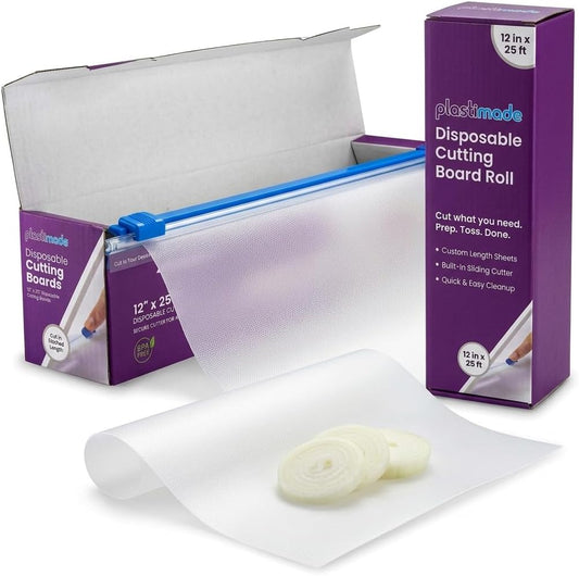 Disposable Cutting Board Sheets with Built-In Sliding Cutter - Flexible Plastic Cutting Boards for Kitchen Meal Prep, Camping, Travel, Tailgating & Commercial Use