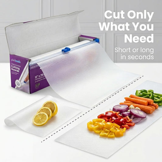 Disposable Cutting Board Sheets with Built-In Sliding Cutter - Flexible Plastic Cutting Boards for Kitchen Meal Prep, Camping, Travel, Tailgating & Commercial Use