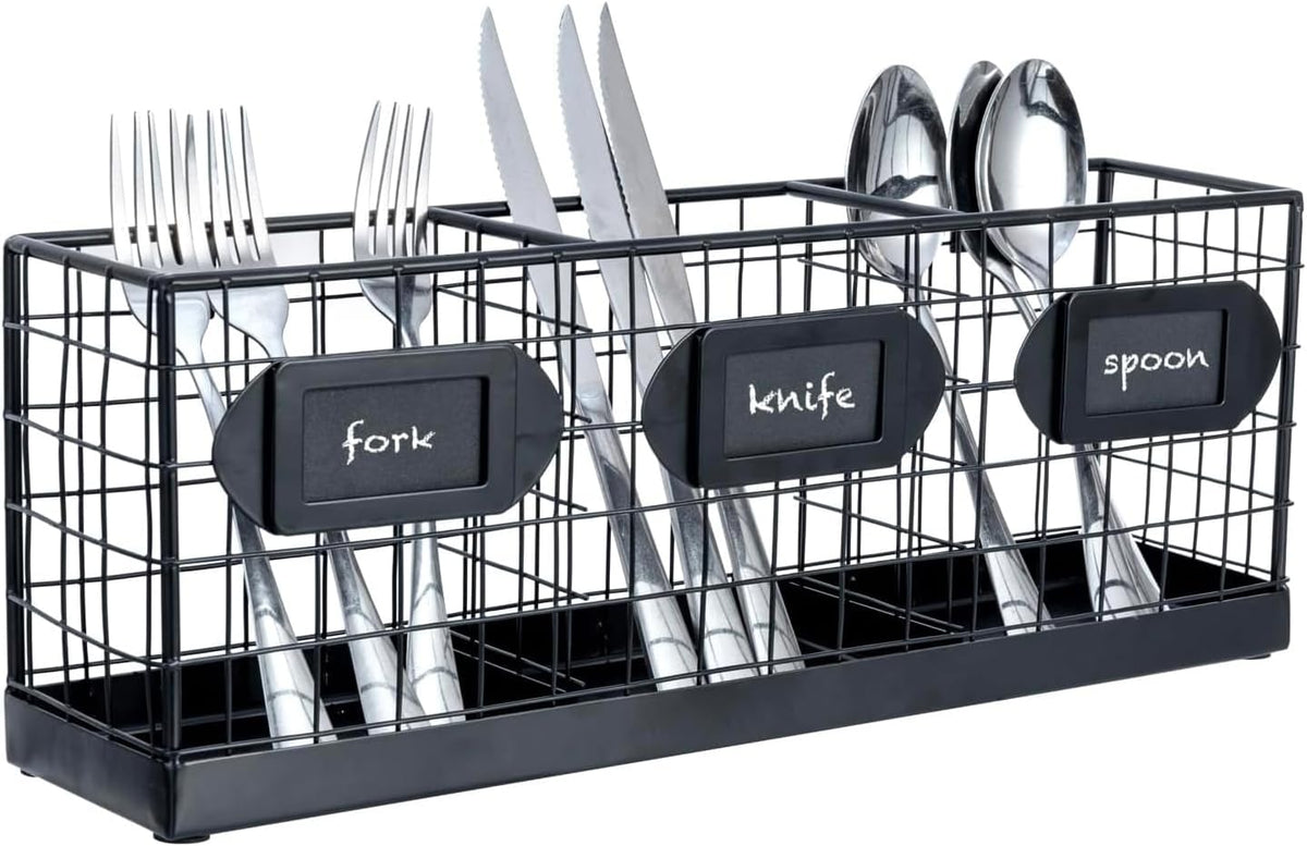 MyGift Wall Mountable Black Metal Utensil Holder Organizer, 15.7" Countertop Kitchen Silverware Flatware Caddy Holder Storage Basket with 3 Compartments and Chalkboard Labels