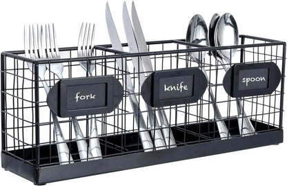 MyGift Wall Mountable Black Metal Utensil Holder Organizer, 15.7" Countertop Kitchen Silverware Flatware Caddy Holder Storage Basket with 3 Compartments and Chalkboard Labels