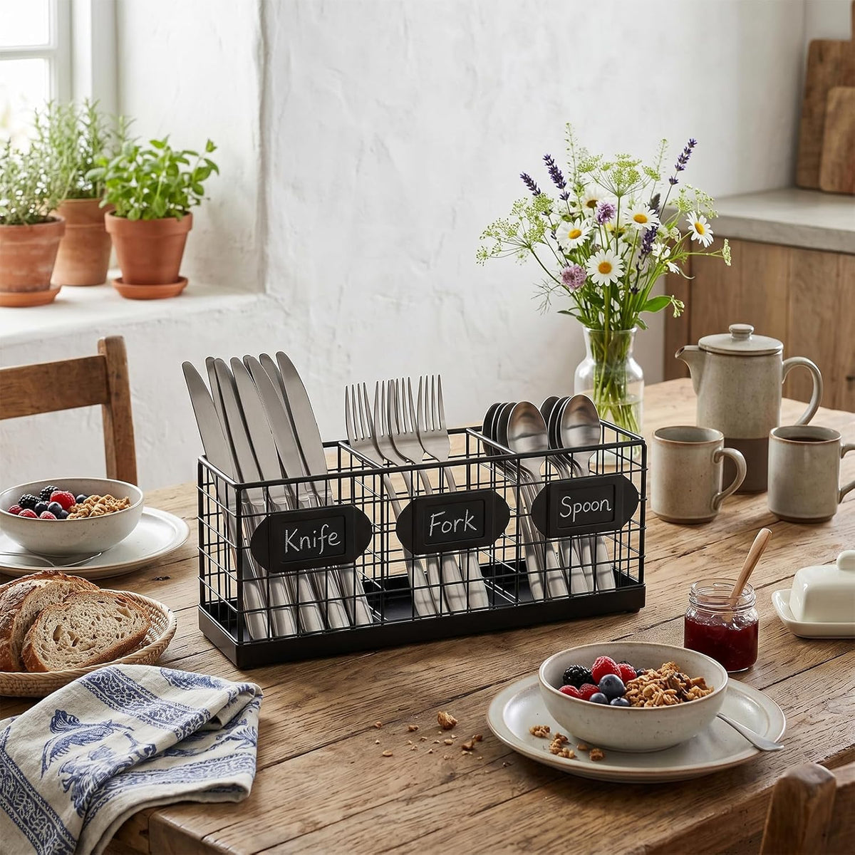 MyGift Wall Mountable Black Metal Utensil Holder Organizer, 15.7" Countertop Kitchen Silverware Flatware Caddy Holder Storage Basket with 3 Compartments and Chalkboard Labels