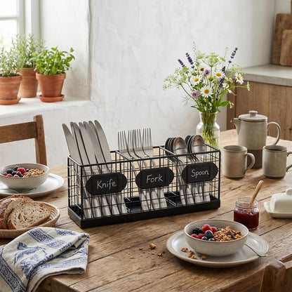 MyGift Wall Mountable Black Metal Utensil Holder Organizer, 15.7" Countertop Kitchen Silverware Flatware Caddy Holder Storage Basket with 3 Compartments and Chalkboard Labels