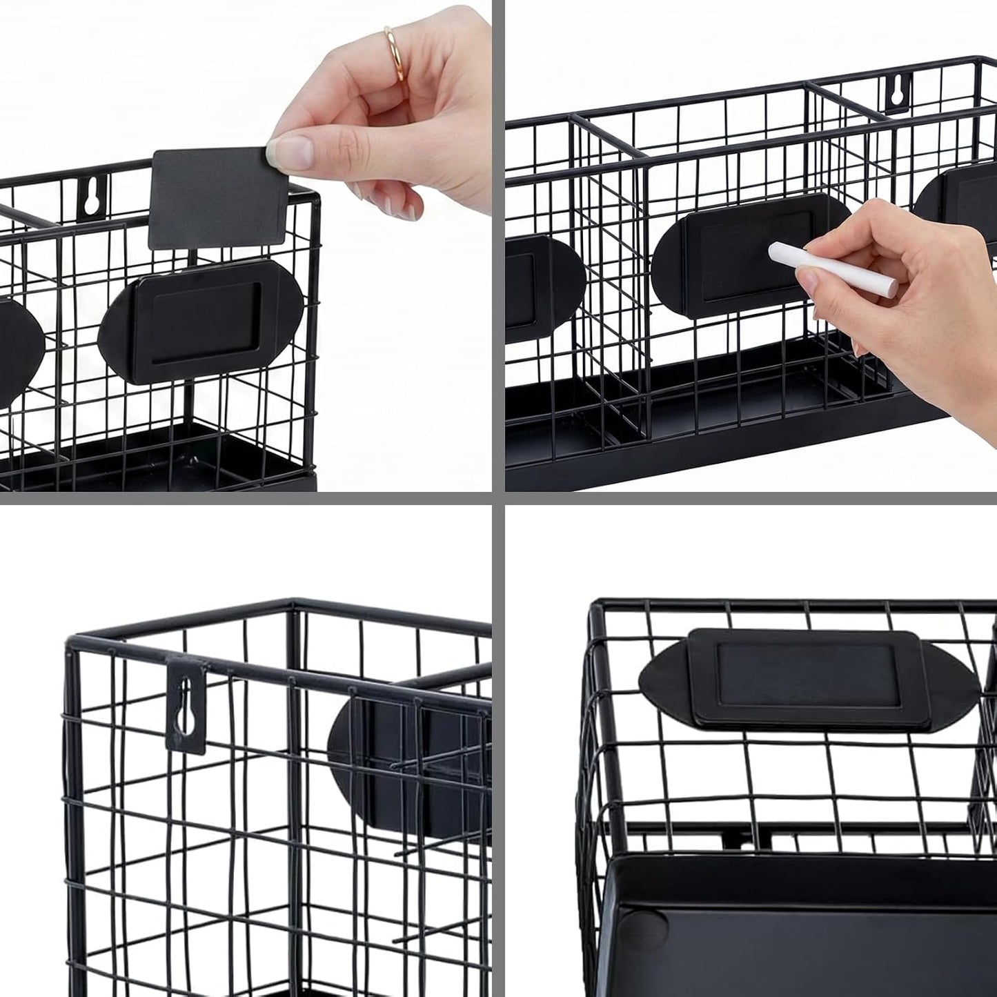 MyGift Wall Mountable Black Metal Utensil Holder Organizer, 15.7" Countertop Kitchen Silverware Flatware Caddy Holder Storage Basket with 3 Compartments and Chalkboard Labels