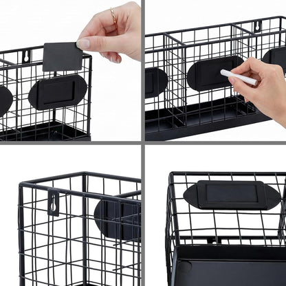 MyGift Wall Mountable Black Metal Utensil Holder Organizer, 15.7" Countertop Kitchen Silverware Flatware Caddy Holder Storage Basket with 3 Compartments and Chalkboard Labels