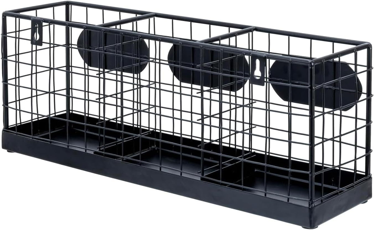 MyGift Wall Mountable Black Metal Utensil Holder Organizer, 15.7" Countertop Kitchen Silverware Flatware Caddy Holder Storage Basket with 3 Compartments and Chalkboard Labels