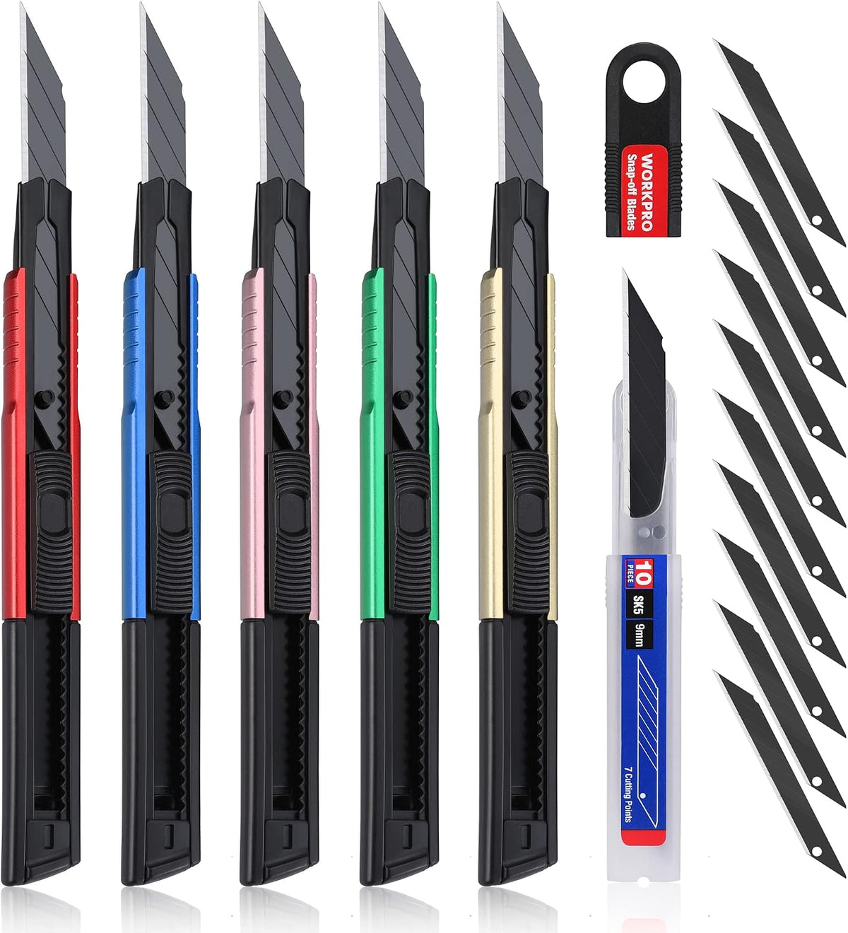 Premium Utility Knife Retractable Snap-off Blade, Heavy Duty Aluminum Box Cutter Set, Razor Knife Exacto Craft Knives, with 10 Extra 9mm Blades, Pack of 5