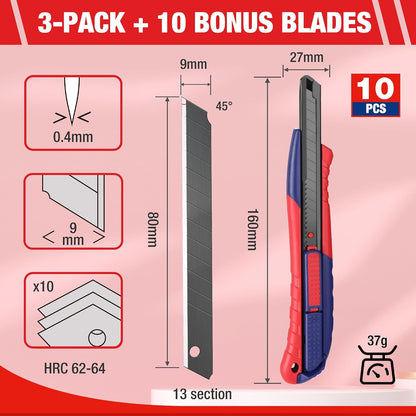 Premium Utility Knife Retractable Snap-off Blade, Heavy Duty Aluminum Box Cutter Set, Razor Knife Exacto Craft Knives, with 10 Extra 9mm Blades, Pack of 5