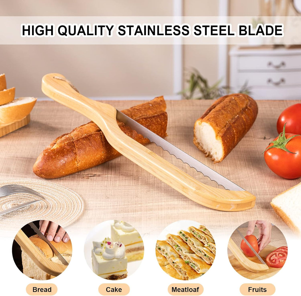 Premium Bow Bread Slicer, 15.6" Bamboo Handle Sourdough Bread Knife, Right-Handed Food Grade Stainless Steel Serrated Blade for Homemade Bread