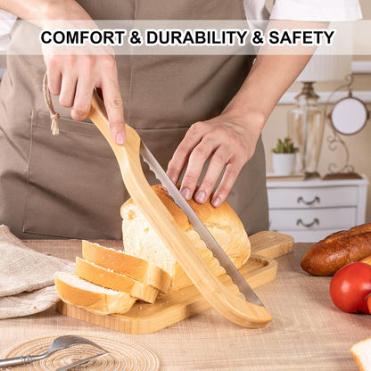 Premium Bow Bread Slicer, 15.6" Bamboo Handle Sourdough Bread Knife, Right-Handed Food Grade Stainless Steel Serrated Blade for Homemade Bread