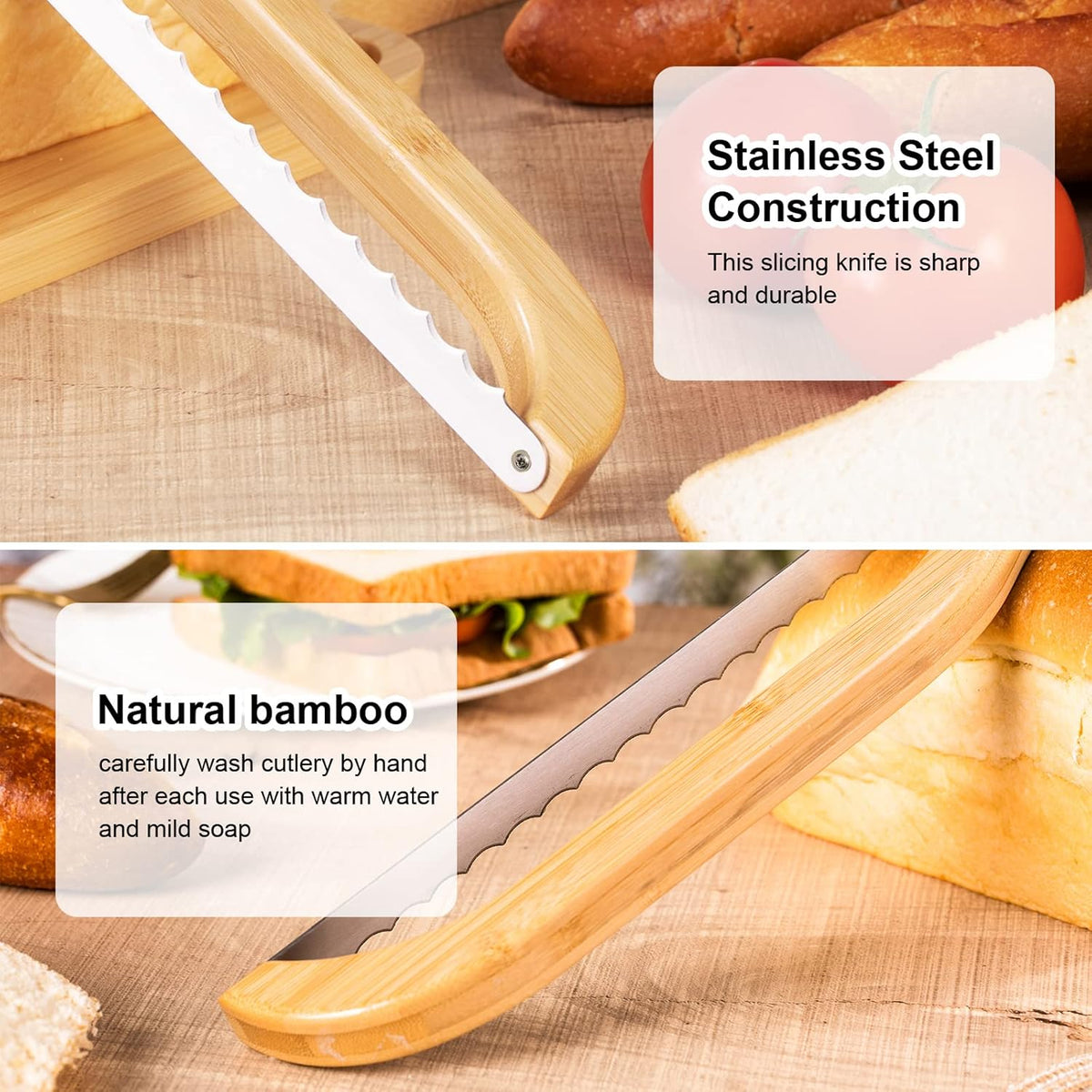 Premium Bow Bread Slicer, 15.6" Bamboo Handle Sourdough Bread Knife, Right-Handed Food Grade Stainless Steel Serrated Blade for Homemade Bread