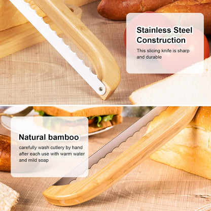 Premium Bow Bread Slicer, 15.6" Bamboo Handle Sourdough Bread Knife, Right-Handed Food Grade Stainless Steel Serrated Blade for Homemade Bread