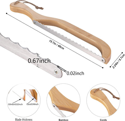 Premium Bow Bread Slicer, 15.6" Bamboo Handle Sourdough Bread Knife, Right-Handed Food Grade Stainless Steel Serrated Blade for Homemade Bread