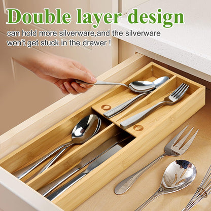 Small Bamboo Silverware Organizer for Drawer Utensil Tray Wood Cutlery Organizer Holder Narrow Flatware Caddy Wooden Kitchen Utensil Cutlery Drawer Skinny Fork and Spoon Silverware Organizer Tray