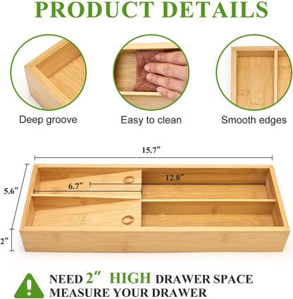 Small Bamboo Silverware Organizer for Drawer Utensil Tray Wood Cutlery Organizer Holder Narrow Flatware Caddy Wooden Kitchen Utensil Cutlery Drawer Skinny Fork and Spoon Silverware Organizer Tray