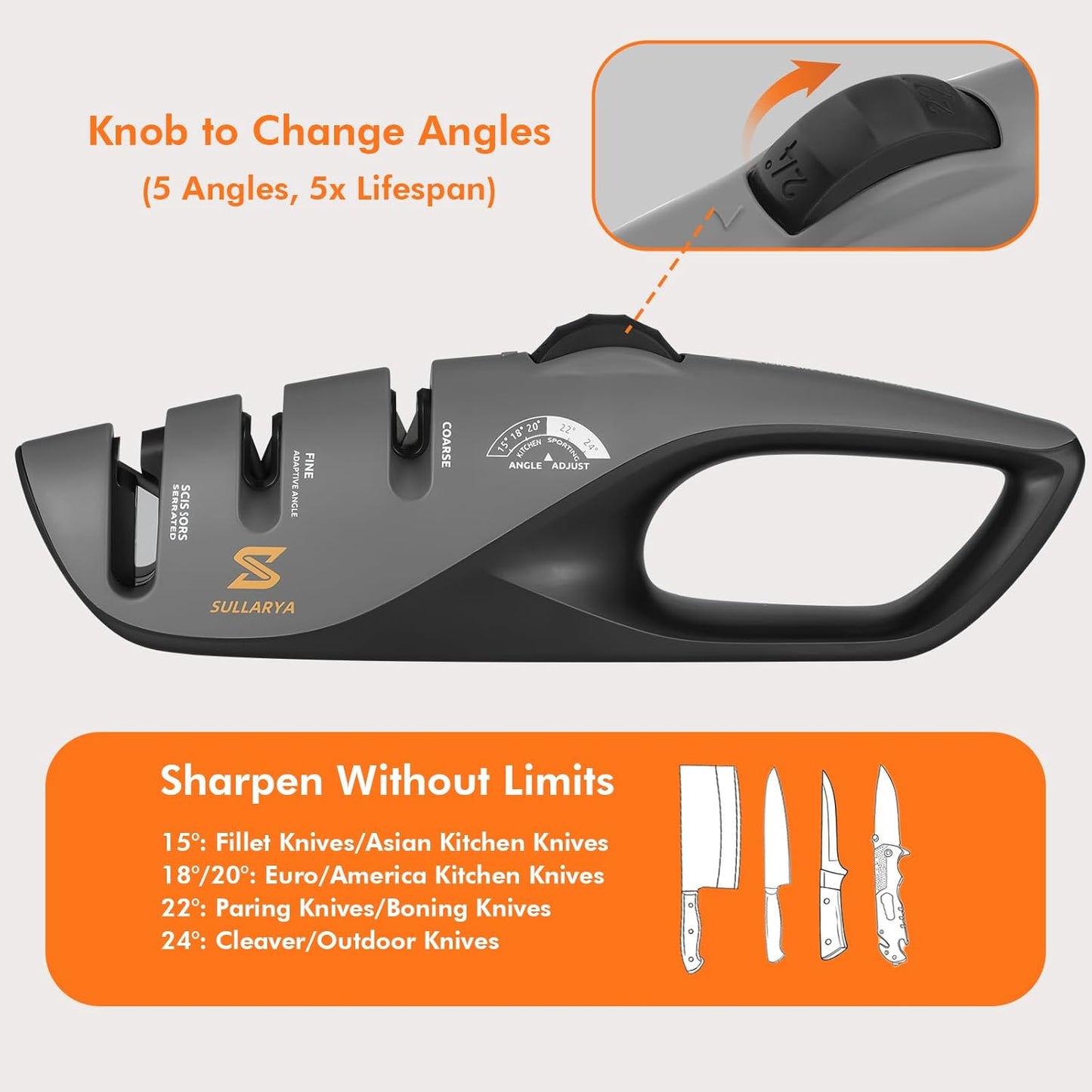 Knife Sharpener, 5 Precision Adjust Kitchen Knife Sharpener with Leather Strop & 3-Stage System to Repair, Restore and Polish Blades