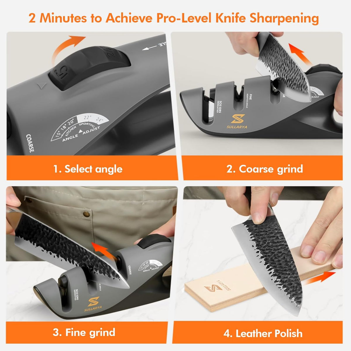 Knife Sharpener, 5 Precision Adjust Kitchen Knife Sharpener with Leather Strop & 3-Stage System to Repair, Restore and Polish Blades