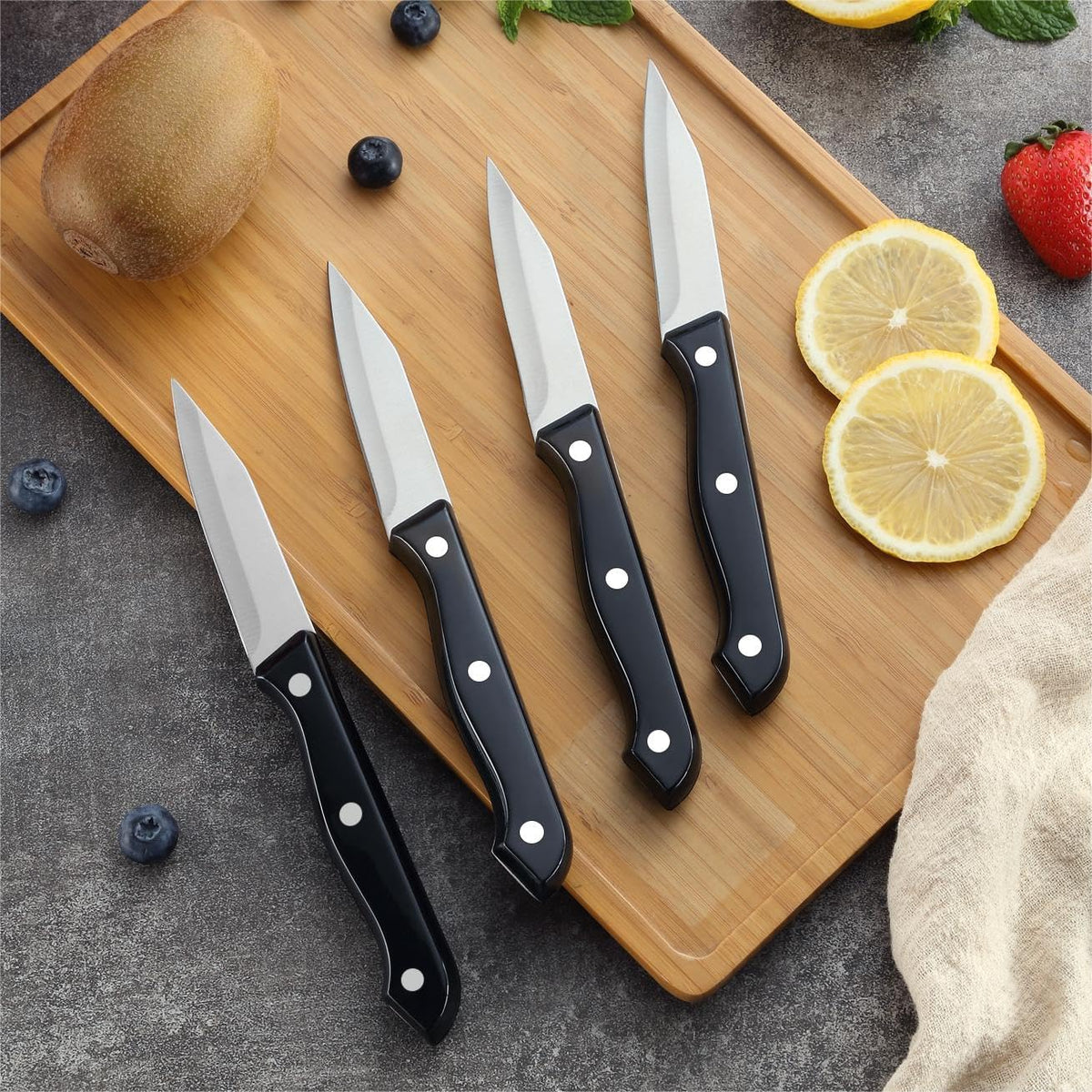 4-Piece Paring Knife Set - Paring Knives with Ergonomic Handle, 3.5 Inch Triple Rivet Paring Knives, Stainless Steel Black Parers for Vegetable, Fruit & Kitchen Use