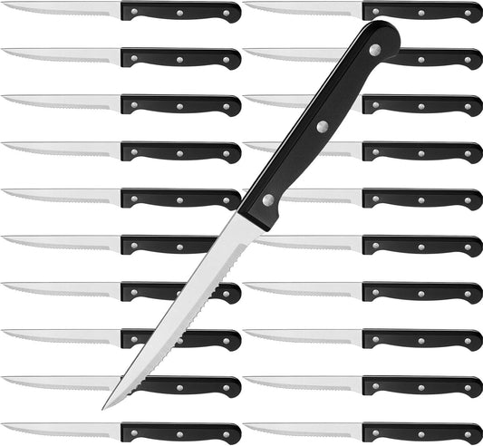 20 Pcs Steak Knives Bulk 9 Inch Stainless Steel Kitchen Knives with Triple Riveted Handle Utility Sharp Serrated Steak Knife Set for Kitchen Restaurant Tableware Camping (Black)