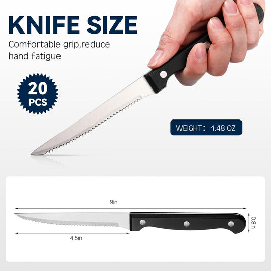 20 Pcs Steak Knives Bulk 9 Inch Stainless Steel Kitchen Knives with Triple Riveted Handle Utility Sharp Serrated Steak Knife Set for Kitchen Restaurant Tableware Camping (Black)