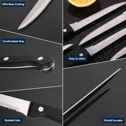 20 Pcs Steak Knives Bulk 9 Inch Stainless Steel Kitchen Knives with Triple Riveted Handle Utility Sharp Serrated Steak Knife Set for Kitchen Restaurant Tableware Camping (Black)