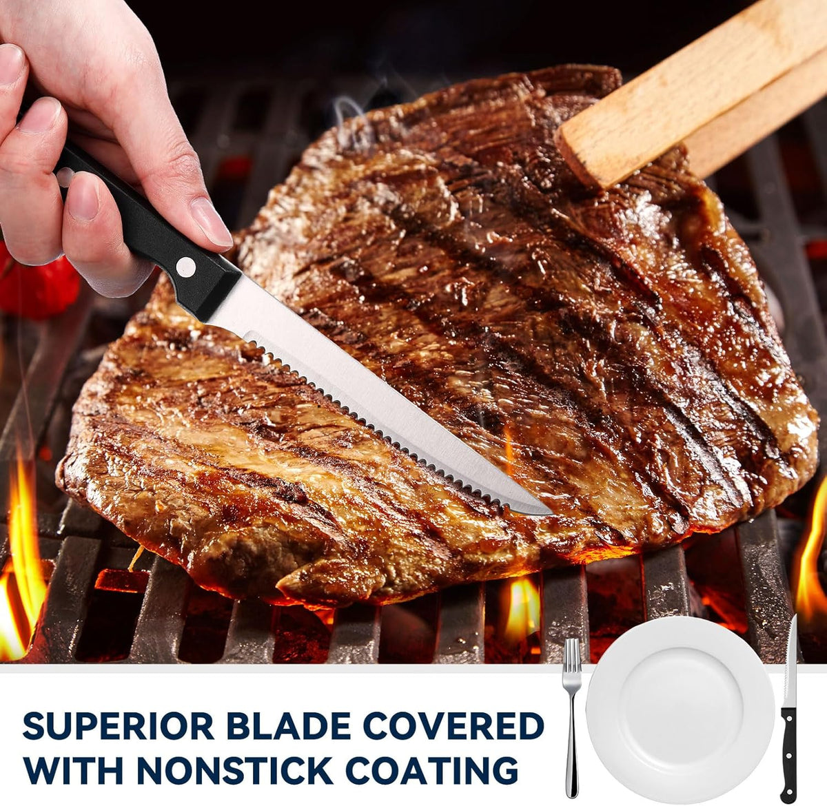 20 Pcs Steak Knives Bulk 9 Inch Stainless Steel Kitchen Knives with Triple Riveted Handle Utility Sharp Serrated Steak Knife Set for Kitchen Restaurant Tableware Camping (Black)