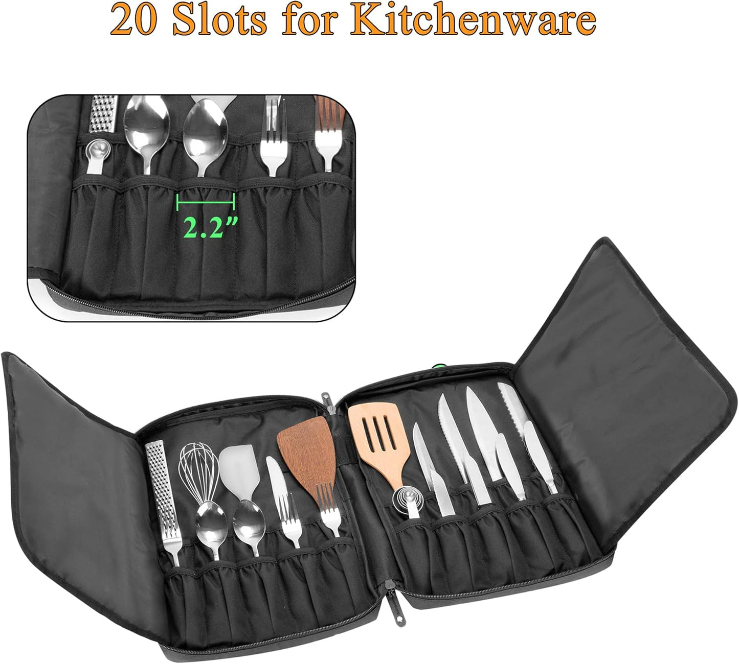 Chef Knife Bag with 20+ Slots, Professional Chef Storage Case with Lockhole & Multiple Pockets, Knife Carrier Travel Knife Roll Bag for Kitchen Tools & Chef Utensils, Patent Design, Bag Only