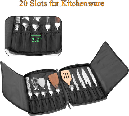 Chef Knife Bag with 20+ Slots, Professional Chef Storage Case with Lockhole & Multiple Pockets, Knife Carrier Travel Knife Roll Bag for Kitchen Tools & Chef Utensils, Patent Design, Bag Only