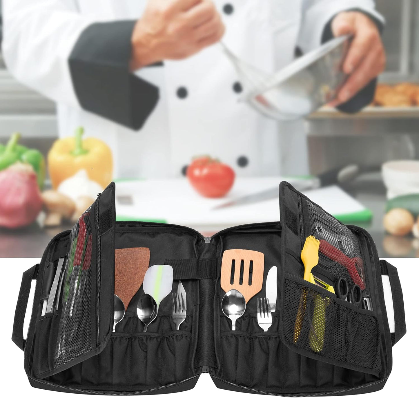 Chef Knife Bag with 20+ Slots, Professional Chef Storage Case with Lockhole & Multiple Pockets, Knife Carrier Travel Knife Roll Bag for Kitchen Tools & Chef Utensils, Patent Design, Bag Only