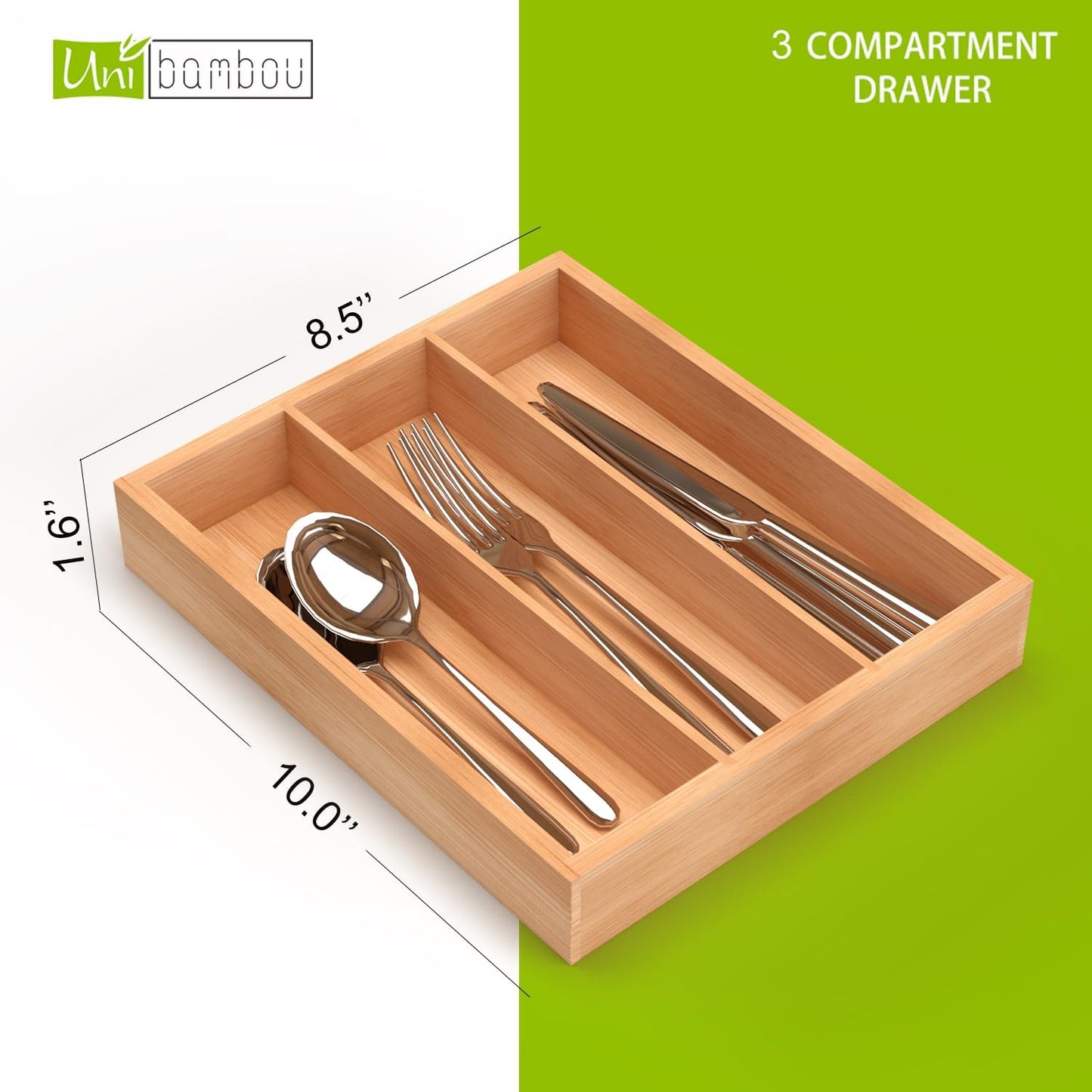 Bamboo Utensil Drawer Organizer, Silverware Tray Organizer, Kitchen Drawer Organizer for Flatware Cutlery, (Natural, 3 Slots)