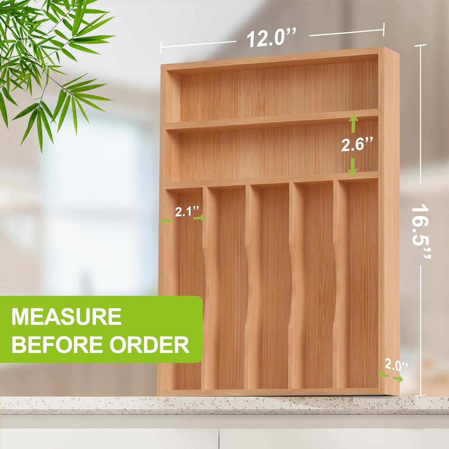 Bamboo Utensil Drawer Organizer, Silverware Tray Organizer, Kitchen Drawer Organizer for Flatware Cutlery, (Natural, 3 Slots)
