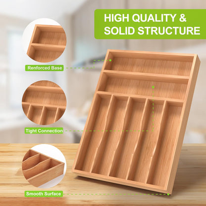 Bamboo Utensil Drawer Organizer, Silverware Tray Organizer, Kitchen Drawer Organizer for Flatware Cutlery, (Natural, 3 Slots)