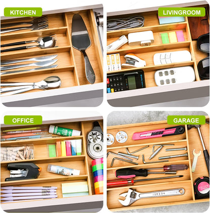 Bamboo Utensil Drawer Organizer, Silverware Tray Organizer, Kitchen Drawer Organizer for Flatware Cutlery, (Natural, 3 Slots)