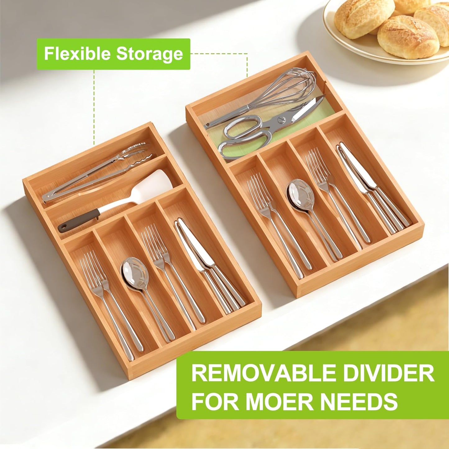 Bamboo Utensil Drawer Organizer, Silverware Tray Organizer, Kitchen Drawer Organizer for Flatware Cutlery, (Natural, 3 Slots)