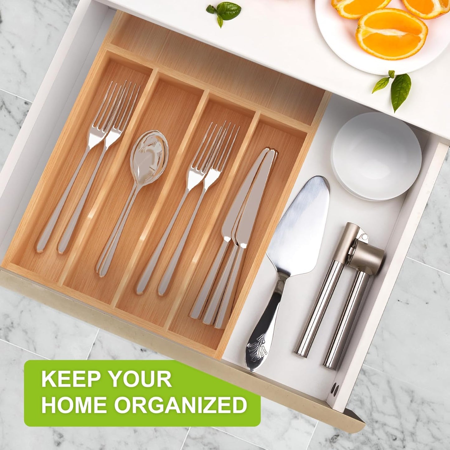 Bamboo Utensil Drawer Organizer, Silverware Tray Organizer, Kitchen Drawer Organizer for Flatware Cutlery, (Natural, 3 Slots)
