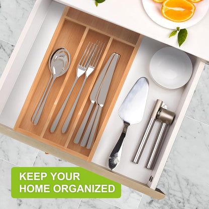 Bamboo Utensil Drawer Organizer, Silverware Tray Organizer, Kitchen Drawer Organizer for Flatware Cutlery, (Natural, 3 Slots)