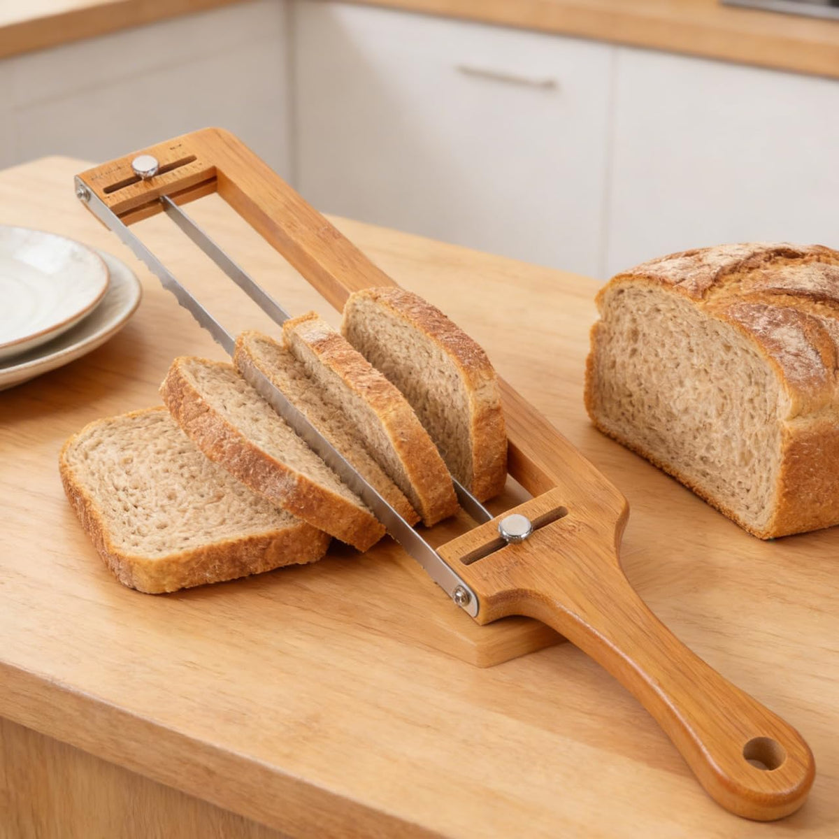 Bamboo Bread Slicer for Homemade Bread Adjustable Slicer with Thickness Guide Stainless Serrated Blade Hand for Sourdough Loaf Baguettes Bagels