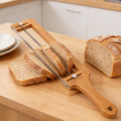 Bamboo Bread Slicer for Homemade Bread Adjustable Slicer with Thickness Guide Stainless Serrated Blade Hand for Sourdough Loaf Baguettes Bagels