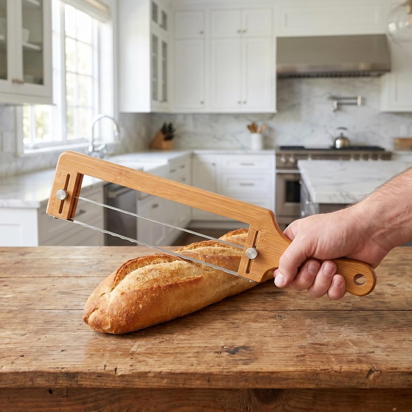 Bamboo Bread Slicer for Homemade Bread Adjustable Slicer with Thickness Guide Stainless Serrated Blade Hand for Sourdough Loaf Baguettes Bagels