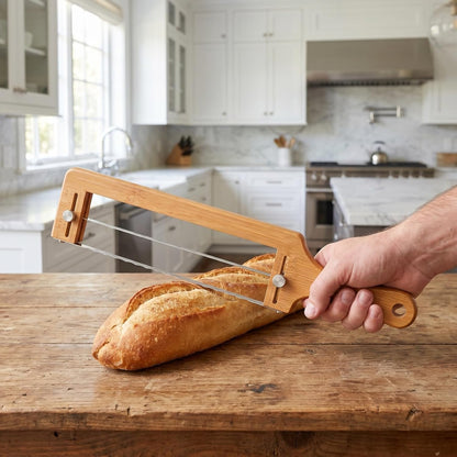 Bamboo Bread Slicer for Homemade Bread Adjustable Slicer with Thickness Guide Stainless Serrated Blade Hand for Sourdough Loaf Baguettes Bagels