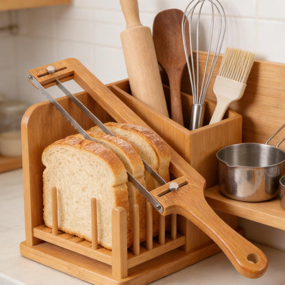 Bamboo Bread Slicer for Homemade Bread Adjustable Slicer with Thickness Guide Stainless Serrated Blade Hand for Sourdough Loaf Baguettes Bagels