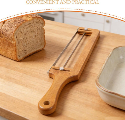 Bamboo Bread Slicer for Homemade Bread Adjustable Slicer with Thickness Guide Stainless Serrated Blade Hand for Sourdough Loaf Baguettes Bagels